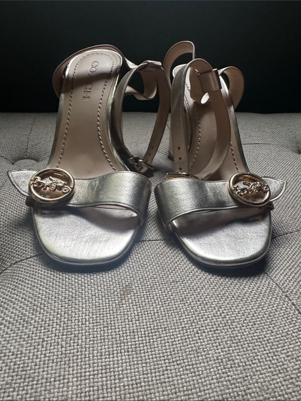 Coach Metallic Gold Open-Toe Ankle Strap Heels with Logo Medallion
